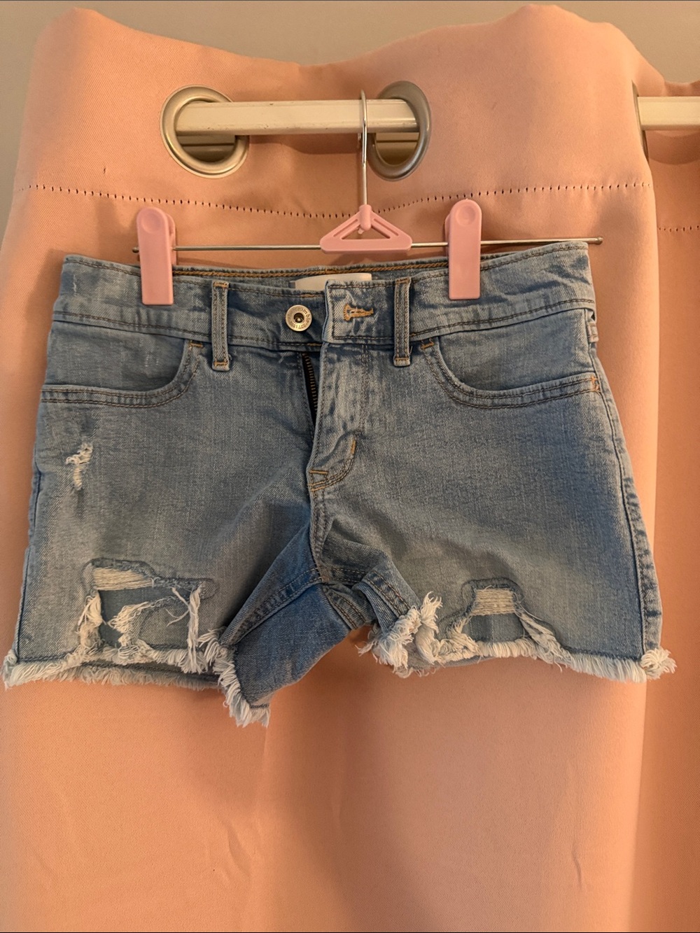 TWO pairs- Abercrombie kids light blue distressed denim and white denim shorts